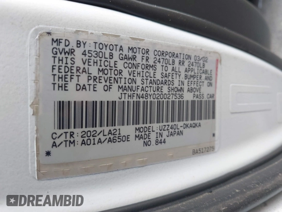 2002 Lexus SC 430 with VIN JTHFN48Y020027536, listed as a IAAI auction lot 42670239 with 207,112 mi miles and . Bid and sale history available at DreamBid. Image 9.