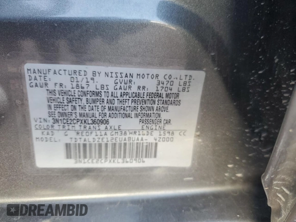 2019 Nissan Note SV with VIN 3N1CE2CPXKL360906, listed as a Copart auction lot 55136625 with 62,158 mi miles and Salvage Title. Bid and sale history available at DreamBid. Image 12.