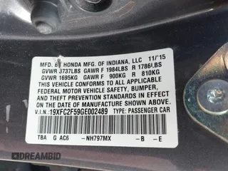 2016 Honda Civic Sedan LX with VIN 19XFC2F59GE002489, listed as a IAAI auction lot 41797162 with 34,284 mi miles. Bid and sale history available at carsss.com. Image 9.