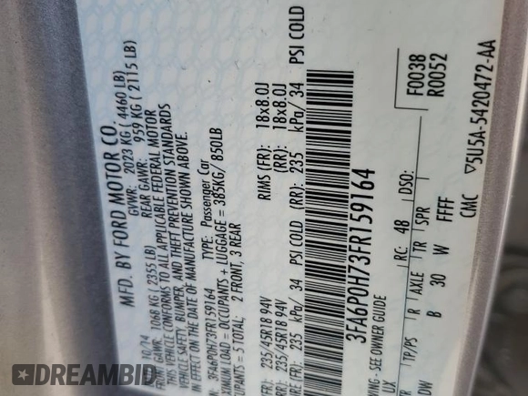 2015 Ford Fusion SE with VIN 3FA6P0H73FR159164, listed as a Copart auction lot 55291635 with 90,589 mi miles and Salvage title. Bid and sale history available at DreamBid. Image 12.