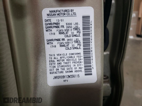 2002 Infiniti QX4 Luxury z VIN JNRDR09Y12W256115, wystawiony jako Copart lot #46263245 z przebiegiem 162 238 mil mil oraz Szkoda całkowita • Salvage title. Historia ofert i sprzedaży dostępna na DreamBid. Obrazek 12.