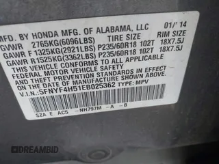 2014 Honda Pilot EX-L with VIN 5FNYF4H51EB025362, listed as a IAAI auction lot 41307101 with 162,688 mi miles. Bid and sale history available at carsss.com. Image 9.
