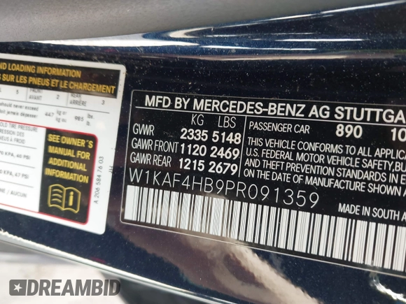 2023 Mercedes-Benz C 300 with VIN W1KAF4HB9PR091359, listed as a IAAI auction lot 41635990 with 20,507 mi miles and . Bid and sale history available at DreamBid. Image 9.