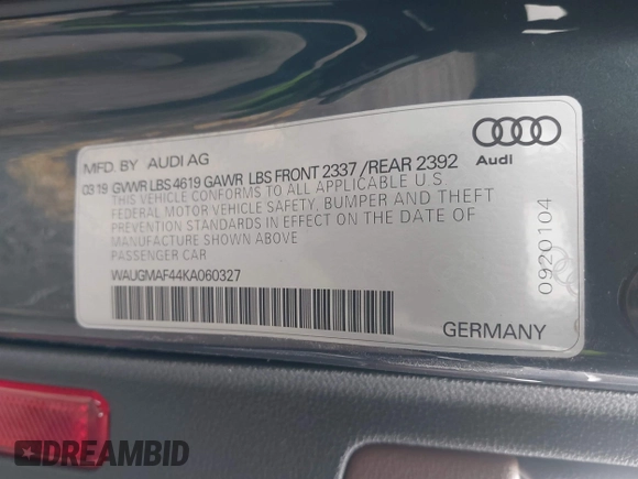 2019 Audi A4 Premium z VIN WAUGMAF44KA060327, wystawiony jako IAAI lot #41757099 z przebiegiem 52 110 mil mil oraz . Historia ofert i sprzedaży dostępna na DreamBid. Obrazek 9.