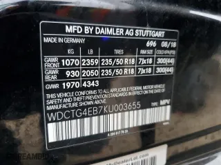 2019 Mercedes-Benz GLA with VIN WDCTG4EB7KU003655, listed as a Copart auction lot 43636025 with 46,147 mi miles and Salvage Title. Bid and sale history available at carsss.com. Image 14.