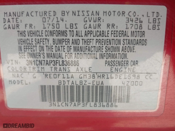 2015 Nissan Versa SV with VIN 3N1CN7AP3FL836886, listed as a IAAI auction lot 41983935 with 216,837 mi miles. Bid and sale history available at carsss.com. Image 9.