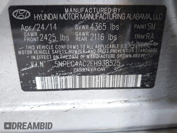 2014 Hyundai Sonata SE with VIN 5NPEC4AC2EH938525, listed as a IAAI auction lot 41117231 with 85,414 mi miles and . Bid and sale history available at DreamBid. Image 9.