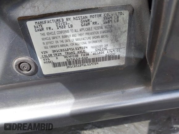2001 Nissan Sentra GXE z VIN 3N1CB51D91L519724, wystawiony jako IAAI lot #41739025 z przebiegiem Nie podano mil oraz . Historia ofert i sprzedaży dostępna na DreamBid. Obrazek 9.
