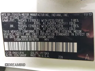 2014 Toyota Sienna Ltd with VIN 5TDDK3DC6ES076778, listed as a IAAI auction lot 41387091 with 173,497 mi miles. Bid and sale history available at carsss.com. Image 9.
