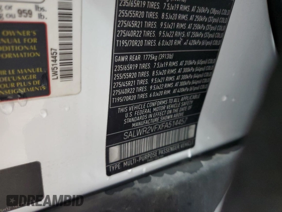 2015 Land Rover Range Rover Sport HSE with VIN SALWR2VFXFA514457, listed as a Copart auction lot 61013025 with 101,320 mi miles and Salvage title. Bid and sale history available at DreamBid. Image 14.