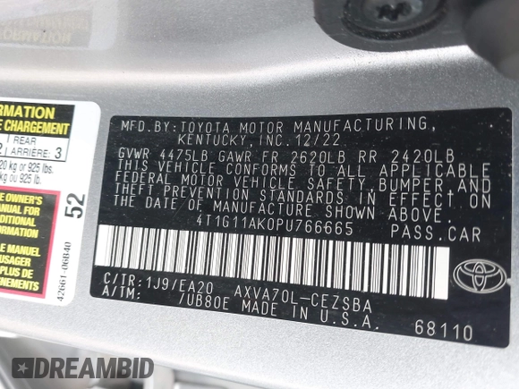 2023 Toyota Camry SE z VIN 4T1G11AK0PU766665, wystawiony jako IAAI lot #42202075 z przebiegiem 59 320 mil mil oraz . Historia ofert i sprzedaży dostępna na DreamBid. Obrazek 9.