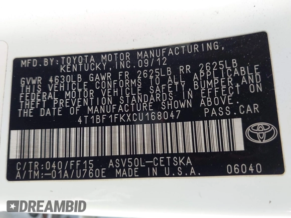 2012 Toyota Camry L with VIN 4T1BF1FKXCU168047, listed as a IAAI auction lot 41758666 with 210,996 mi miles and . Bid and sale history available at DreamBid. Image 9.