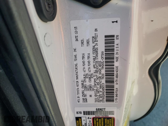 2016 Toyota Tacoma SR with VIN 5TFRX5GN9GX058319, listed as a Copart auction lot 55653195 with 177,658 mi miles and Salvage title. Bid and sale history available at DreamBid. Image 12.