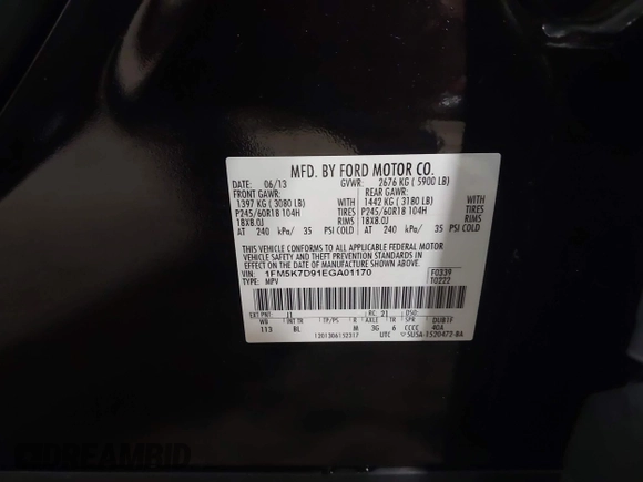 2014 Ford Explorer XLT с VIN 1FM5K7D91EGA01170, выставлен на аукционе IAAI как лот 42266372 с пробегом 92 934 миль миль и . История ставок и продаж доступна на DreamBid. Изображение 9.