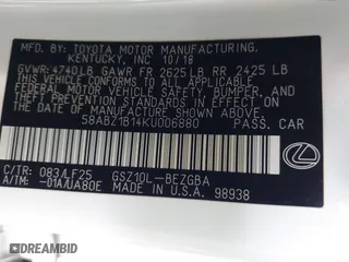 2019 Lexus ES with VIN 58ABZ1B14KU006880, listed as a IAAI auction lot 41782635 with 115,480 mi miles. Bid and sale history available at carsss.com. Image 9.
