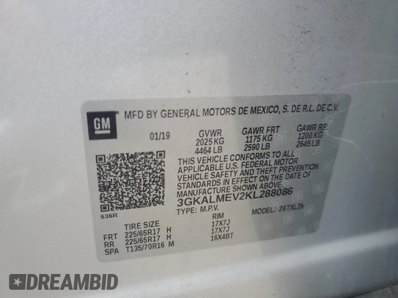 2019 GMC Terrain SLE with VIN 3GKALMEV2KL288086, listed as a Copart auction lot 79046624 with 71,439 mi miles and Salvage Title. Bid and sale history available at DreamBid. Image 12.