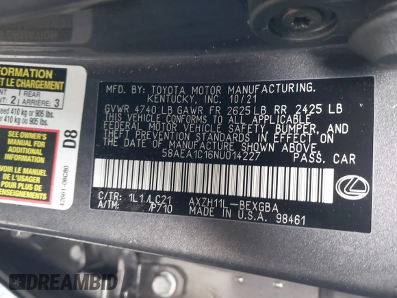2022 Lexus ES 300h Luxury with VIN 58AEA1C16NU014227, listed as a IAAI auction lot 41504883 with 55,850 mi miles and . Bid and sale history available at DreamBid. Image 9.