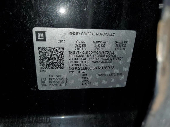2019 GMC Yukon SLT with VIN 1GKS1BKC5KR316912, listed as a Copart auction lot 63669684 with 83,346 mi miles and Salvage Title. Bid and sale history available at carsss.com. Image 13.