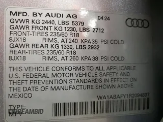 2024 Audi Q5 Premium with VIN WA1ABAFY1R2094807, listed as a Copart auction lot 72709184 with 2,632 mi miles and Salvage Title. Bid and sale history available at carsss.com. Image 13.