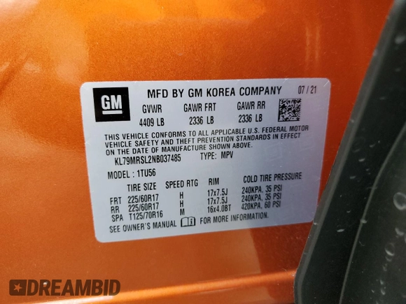 2022 Chevrolet TrailBlazer LT with VIN KL79MRSL2NB037485, listed as a Copart auction lot 56896854 with 5,355 mi miles and . Bid and sale history available at DreamBid. Image 13.