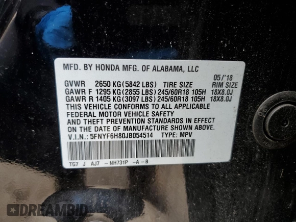 2018 Honda Pilot EX-L z VIN 5FNYF6H80JB054514, wystawiony jako Copart lot #54118265 z przebiegiem 135 112 mil mil oraz Szkoda całkowita • Salvage title. Historia ofert i sprzedaży dostępna na DreamBid. Obrazek 13.