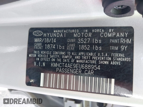 2014 Hyundai Accent GLS with VIN KMHCT4AE9EU688954, listed as a IAAI auction lot 42141664 with 99,041 mi miles. Bid and sale history available at carsss.com. Image 9.
