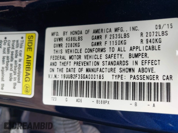2016 Acura TLX V6 with VIN 19UUB2F35GA000185, listed as a IAAI auction lot 41572532 with 97,431 mi miles. Bid and sale history available at carsss.com. Image 9.