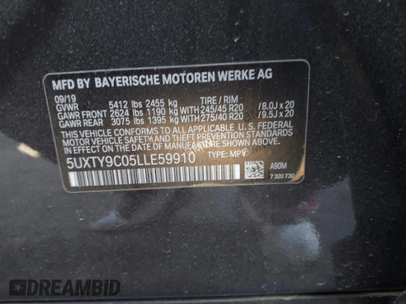 2020 BMW X3 M40i with VIN 5UXTY9C05LLE59910, listed as a IAAI auction lot 41742747 with 46,202 mi miles and . Bid and sale history available at DreamBid. Image 9.
