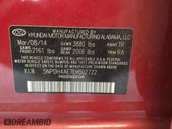 2014 Hyundai Elantra SE with VIN 5NPDH4AE7EH502722, listed as a Copart auction lot 61761715 with 74,791 mi miles and Salvage title. Bid and sale history available at DreamBid. Image 13.