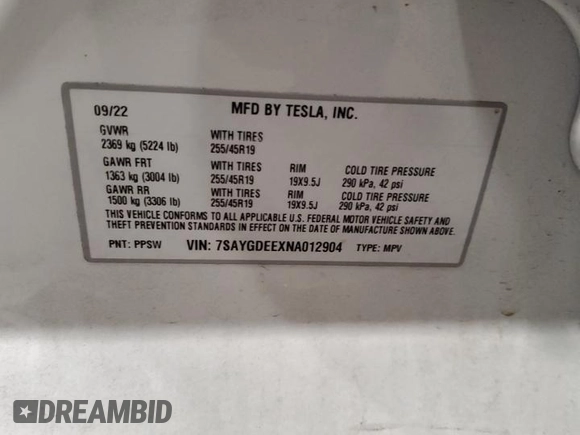 2022 Tesla Model Y Long Range z VIN 7SAYGDEEXNA012904, wystawiony jako Copart lot #57492865 z przebiegiem 31 294 mil mil oraz Szkody całkowita. Historia ofert i sprzedaży dostępna na DreamBid. Obrazek 13.