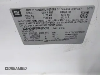2017 GMC Terrain SLE with VIN 2GKALMEK6H6325093, listed as a IAAI auction lot 41876055 with 100,246 mi miles and . Bid and sale history available at carsss.com. Image 9.