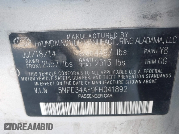 2015 Hyundai Sonata 2.4L Sport with VIN 5NPE34AF9FH041892, listed as a IAAI auction lot 42075563 with 153,024 mi miles. Bid and sale history available at carsss.com. Image 9.