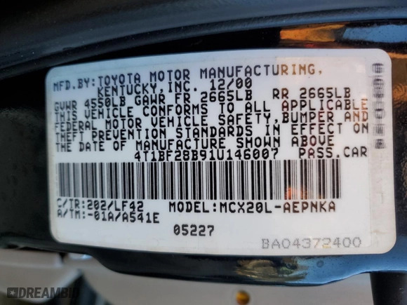 2001 Toyota Avalon XL w/Bucket Seats with VIN 4T1BF28B91U146007, listed as a Copart auction lot 48054255 with 97,507 mi miles and Non Repairable. Bid and sale history available at carsss.com. Image 12.