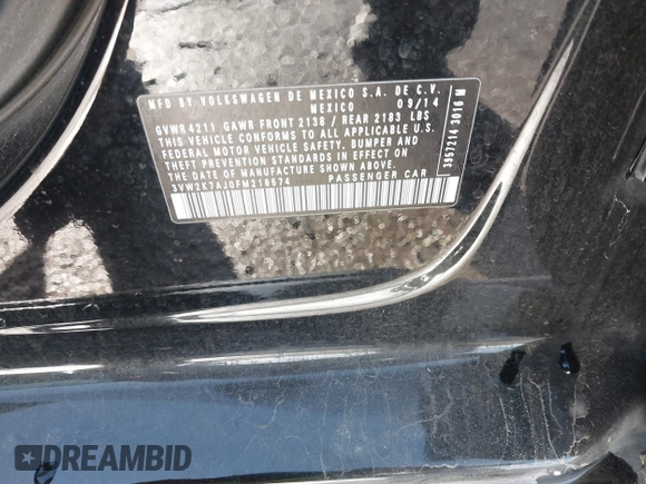 2015 Volkswagen Jetta S с VIN 3VW2K7AJ0FM218574, выставлен на аукционе IAAI как лот 41711721 с пробегом 174 400 миль миль и . История ставок и продаж доступна на DreamBid. Изображение 9.