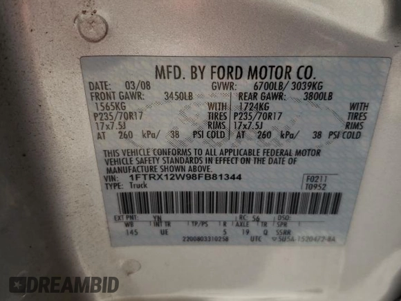 2008 Ford F-150 STX with VIN 1FTRX12W98FB81344, listed as a Copart auction lot 54046085 with 155,459 mi miles and Salvage title. Bid and sale history available at DreamBid. Image 12.