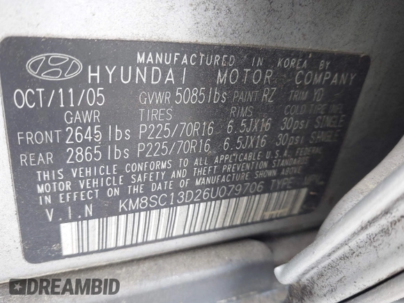 2006 Hyundai Santa Fe GLS with VIN KM8SC13D26U079706, listed as a IAAI auction lot 42464991 with 133,735 mi miles and . Bid and sale history available at DreamBid. Image 9.