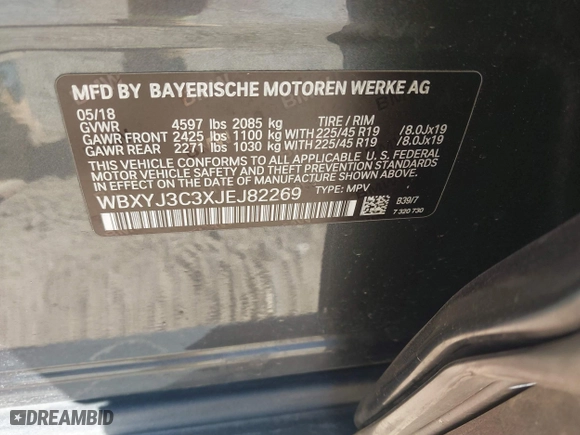 2018 BMW X2 sDrive28i with VIN WBXYJ3C3XJEJ82269, listed as a IAAI auction lot 41754391 with 106,007 mi miles. Bid and sale history available at carsss.com. Image 9.