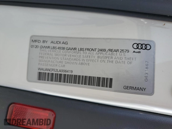 2020 Audi A5 Sportback Premium with VIN WAUANCF52LA006419, listed as a Copart auction lot 46041454 with 74,531 mi miles. Bid and sale history available at carsss.com. Image 15.