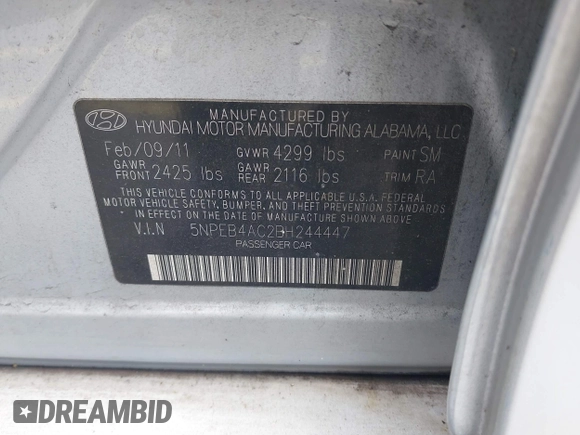 2011 Hyundai Sonata GLS with VIN 5NPEB4AC2BH244447, listed as a IAAI auction lot 42154710 with 122,326 mi miles and . Bid and sale history available at carsss.com. Image 9.