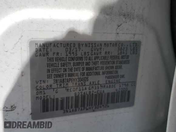 2017 Nissan Sentra SR z VIN 3N1AB7AP6HY304926, wystawiony jako Copart lot #57488185 z przebiegiem Nie podano mil oraz Czysty tytuł • Clean title. Historia ofert i sprzedaży dostępna na DreamBid. Obrazek 12.
