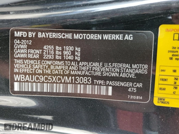 2012 BMW 1 Series 135i with VIN WBAUC9C5XCVM13083, listed as a Copart auction lot 47452225 with 81,786 mi miles and Salvage title. Bid and sale history available at DreamBid. Image 12.