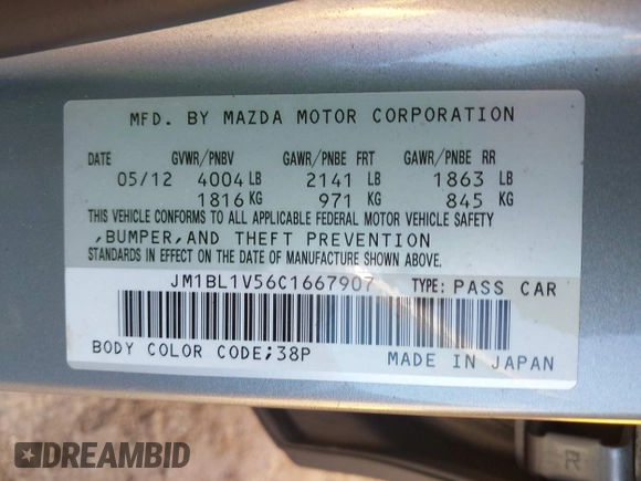 2012 Mazda 3 S Touring with VIN JM1BL1V56C1667907, listed as a IAAI auction lot 41447469 with 93,497 mi miles and . Bid and sale history available at carsss.com. Image 9.