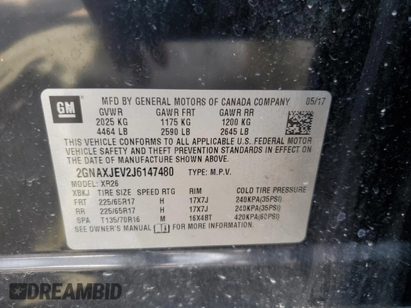 2018 Chevrolet Equinox LT with VIN 2GNAXJEV2J6147480, listed as a Copart auction lot 64968044 with 114,518 mi miles and Salvage Title. Bid and sale history available at DreamBid. Image 14.