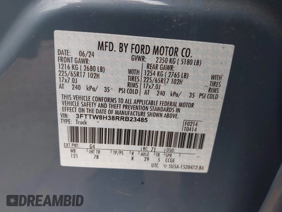 2024 Ford Maverick XLT z VIN 3FTTW8H38RRB23485, wystawiony jako IAAI lot #42185211 z przebiegiem 9 383 mil mil oraz . Historia ofert i sprzedaży dostępna na DreamBid. Obrazek 9.
