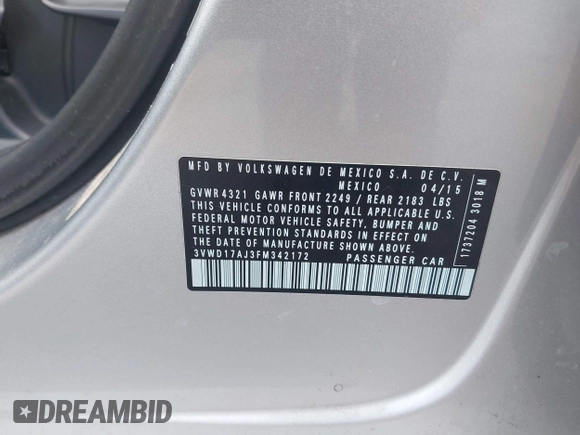 2015 Volkswagen Jetta Sedan 1.8T SE with VIN 3VWD17AJ3FM342172, listed as a IAAI auction lot 41527501 with 108,173 mi miles. Bid and sale history available at carsss.com. Image 9.