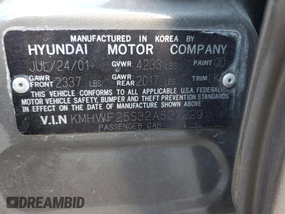 2002 Hyundai Sonata with VIN KMHWF25S32A527229, listed as a Copart auction lot 86625724 with 71,042 mi miles and Clean Title. Bid and sale history available at carsss.com. Image 12.