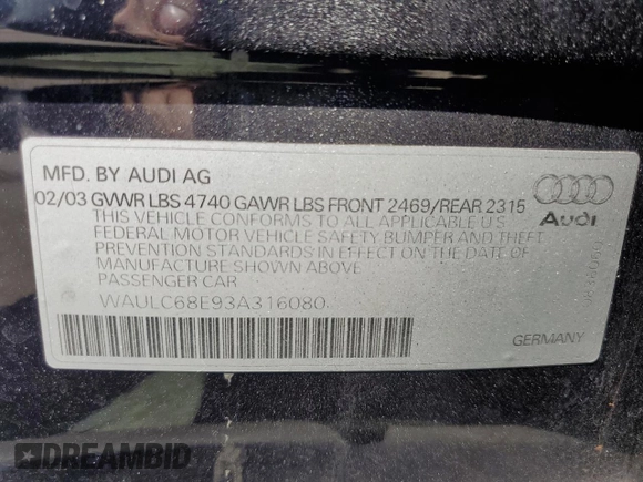 2003 Audi A4 1.8T with VIN WAULC68E93A316080, listed as a Copart auction lot 65381054 with 102,383 mi miles and Salvage Title. Bid and sale history available at carsss.com. Image 12.