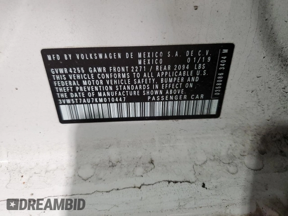 2019 Volkswagen GTI S z VIN 3VW5T7AU7KM010447, wystawiony jako Copart lot #57136835 z przebiegiem 19 613 mil mil oraz Szkoda całkowita • Salvage title. Historia ofert i sprzedaży dostępna na DreamBid. Obrazek 12.