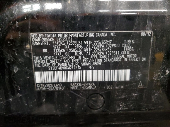 2012 Toyota RAV4 Limited with VIN 2T3DF4DV0CW242915, listed as a Copart auction lot 45141585 with 118,136 mi miles and Salvage Title. Bid and sale history available at DreamBid. Image 13.