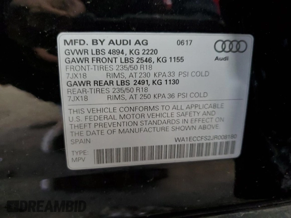 2018 Audi Q3 Premium with VIN WA1ECCFS2JR008180, listed as a Copart auction lot 58560735 with 122,557 mi miles and Non repairable. Bid and sale history available at DreamBid. Image 14.